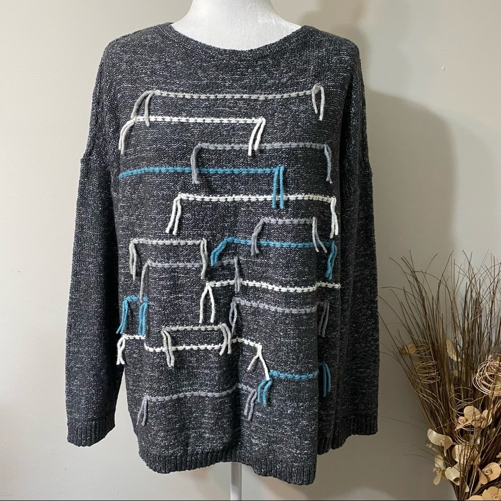 J Jill Pure Size L Sweater Gray Knit Striped Long Sleeve Pullover Cotton Mix
